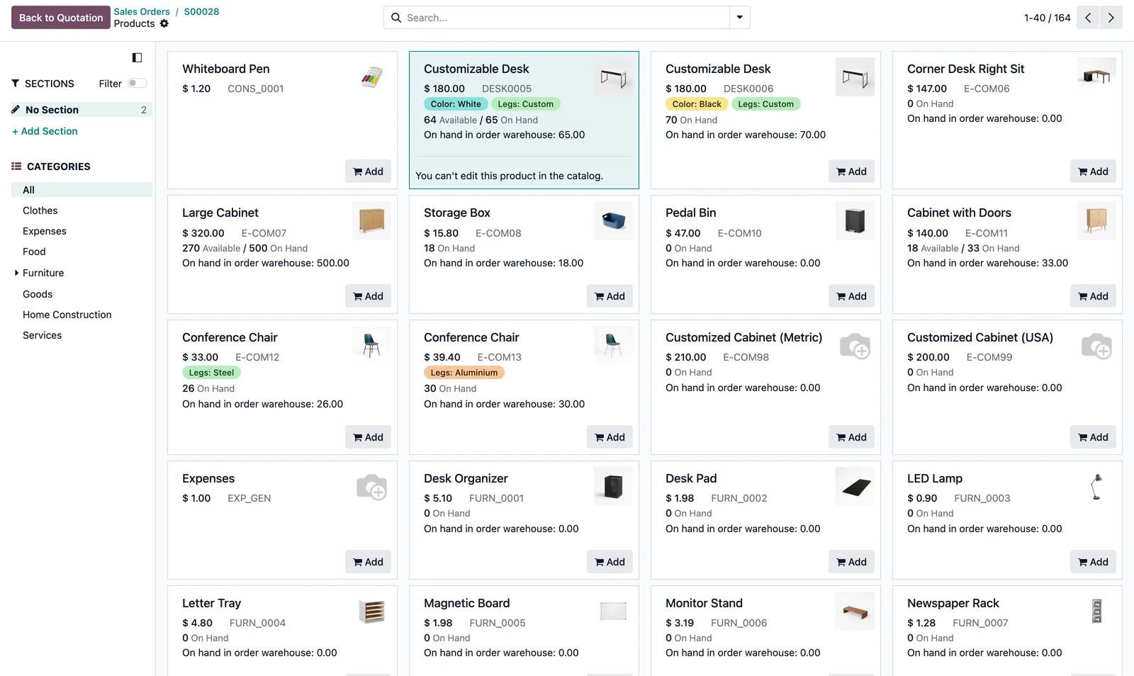 Product catalog with warehouse stock