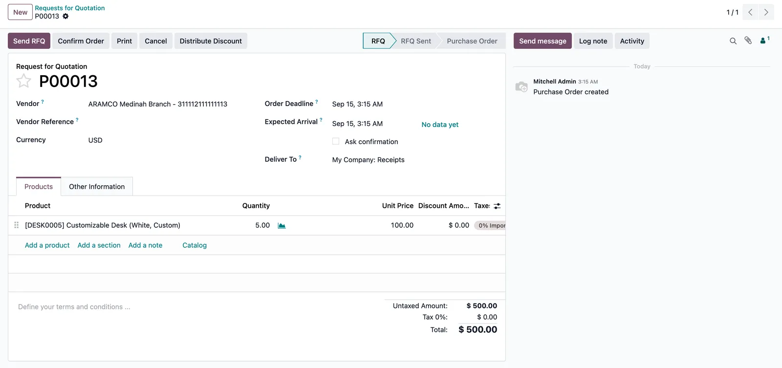 Purchase order with discount amount
